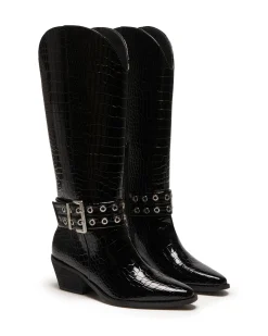 Online Therapy Shoes Maiden Tall Boot Patent Croc Black